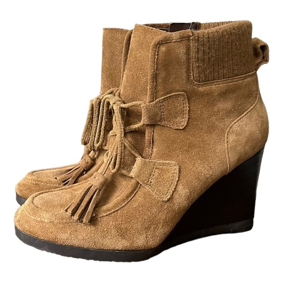 Franco Sarto Shoes - Franco Sarto Westerly Wedge Tan Brown Suede Tassel Accent Zip Boots